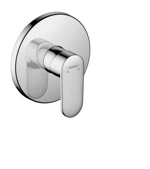 Unterputz-Einhebelmischer in Chromoptik von Hansgrohe, geeignet für die Montage in Bad oder Dusche, mit farblichen Markierungen für warmes und kaltes Wasser.